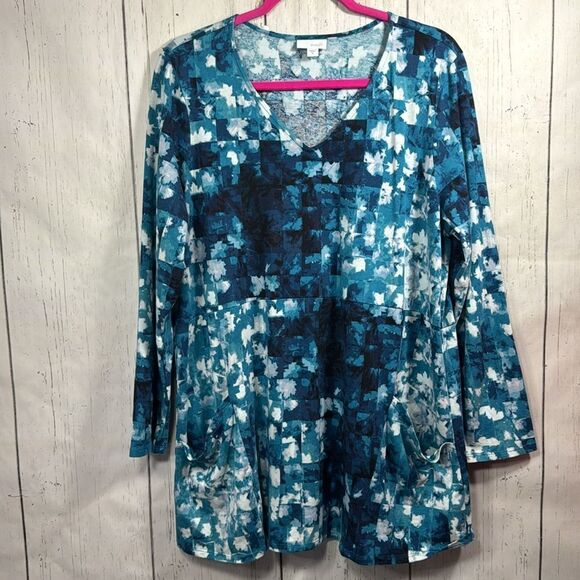 J Jill Pure Jill Cotton Stretch Pocket Blue White Long Sleeve A Line Top Size XL - Picture 5 of 14